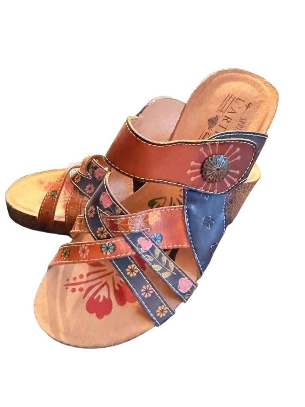 L'Artiste by Spring Step Jadora Size 38 Floral Leather Wedge Sandals
